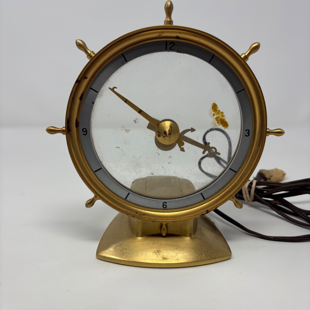 Vintage Jefferson Golden Helm Electric Clock Model 580-111 Brass Ships Wheel